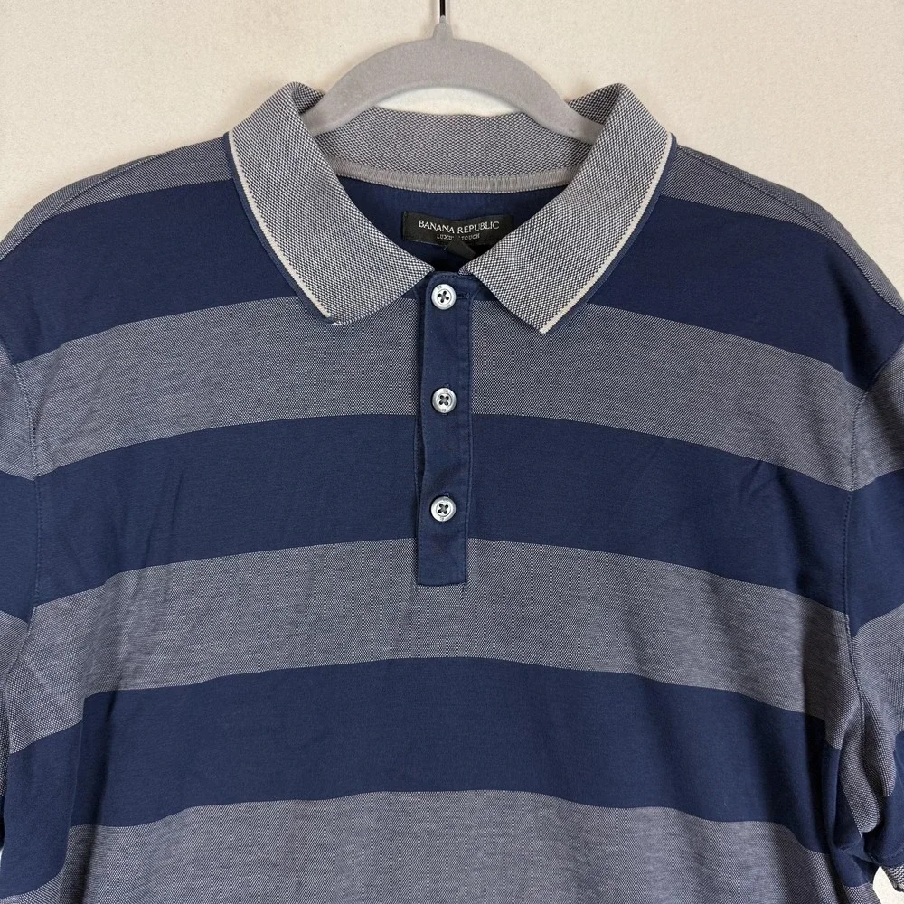 Banana Republic Polo Shirt Mens XL Blue Gray Stripe Luxury Touch Cotton Casual